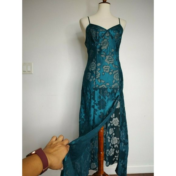 Victoria's Secret Slip Long Nightgown Size S Green Burnout Sheer Gold Label VTG - Picture 3 of 12